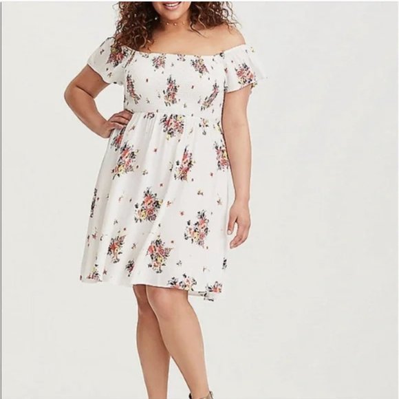 Torrid White Floral Challis Off The Shoulder Mini Dress - Picture 2 of 14
